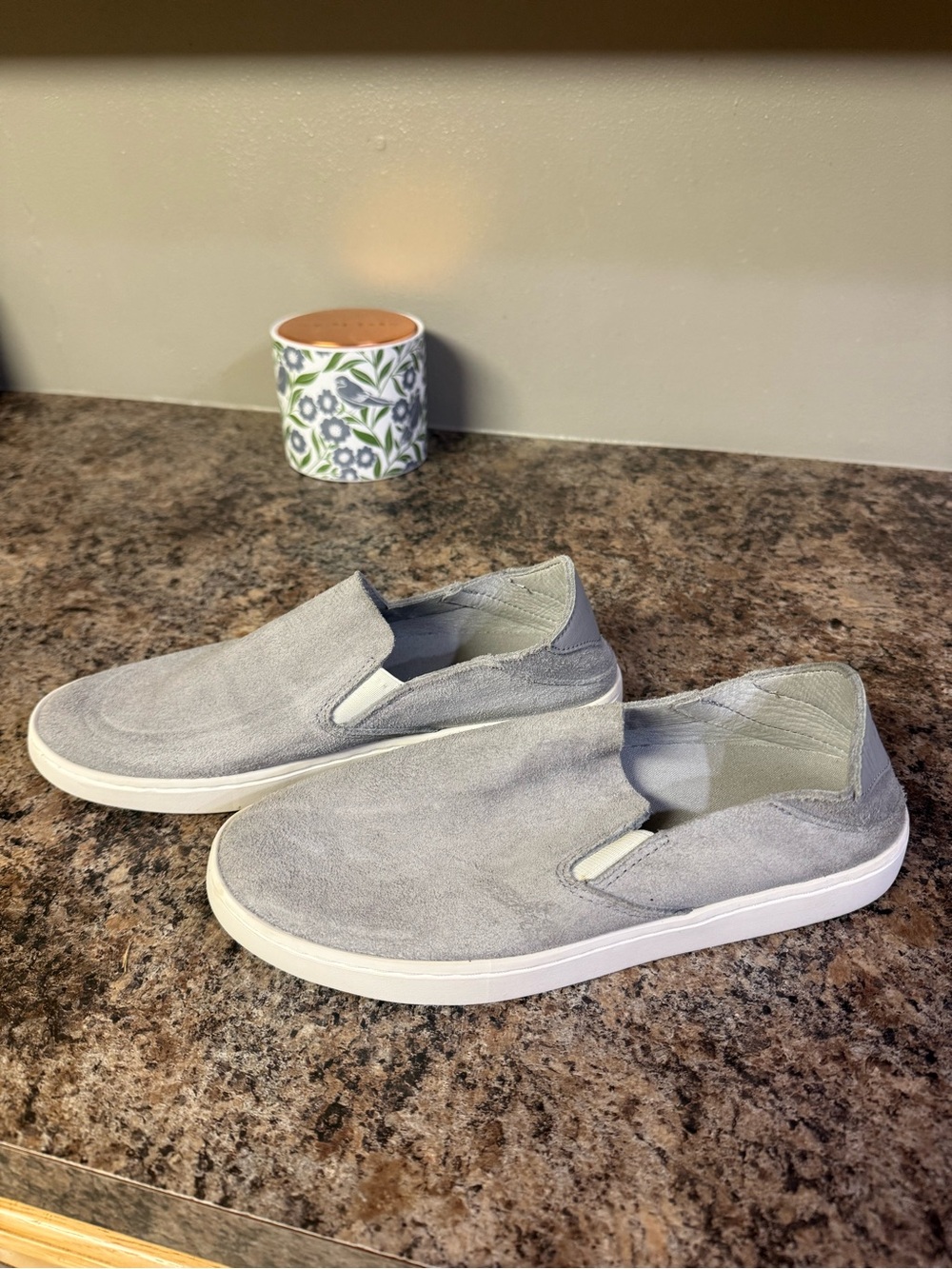 OluKai Women's Slip-On Suede Loafers in Light Gray and White